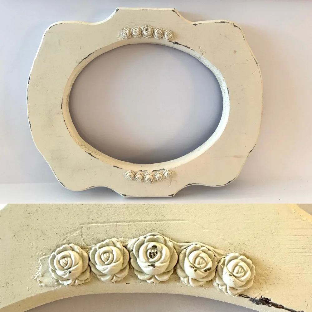 Vintage Chunky White Wooden frame with Roses Shabby Chic Wood wall Cottagecore